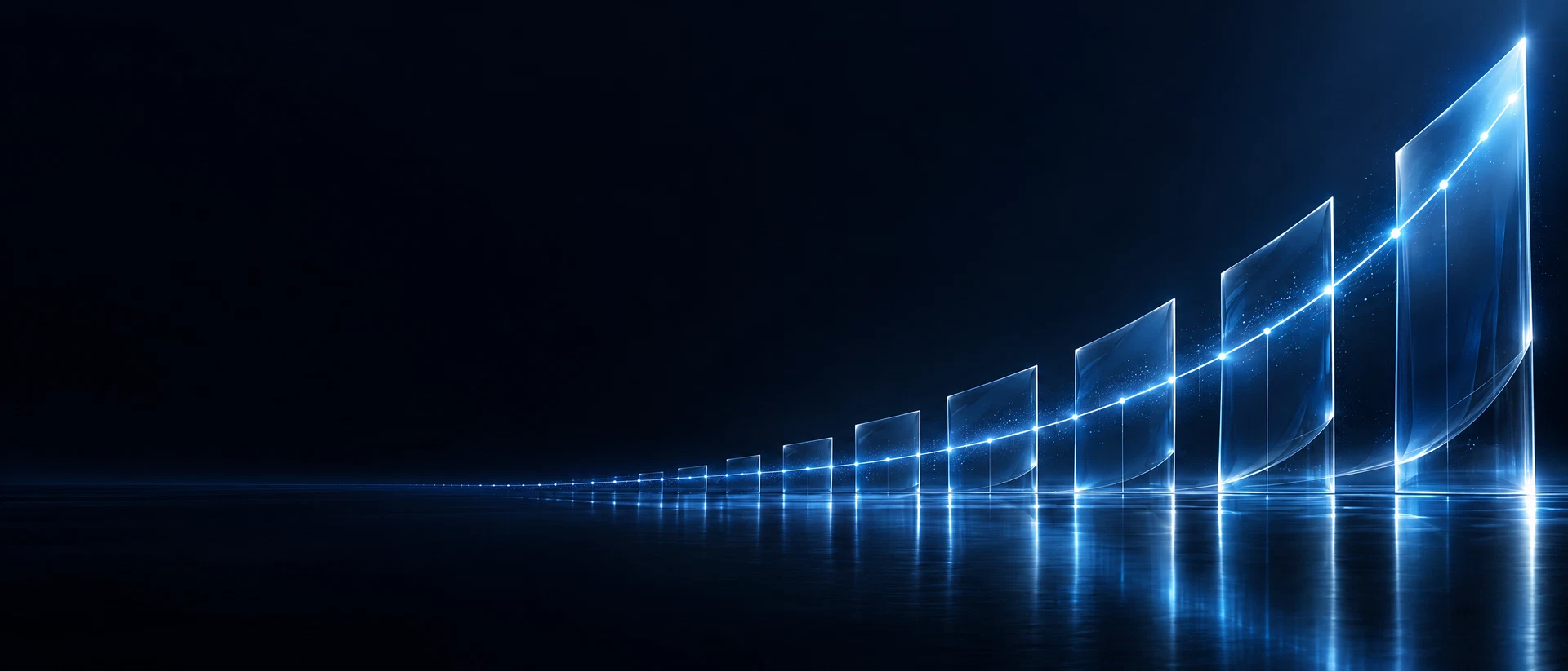 Illustration of a rising blue growth curve across glass panels.