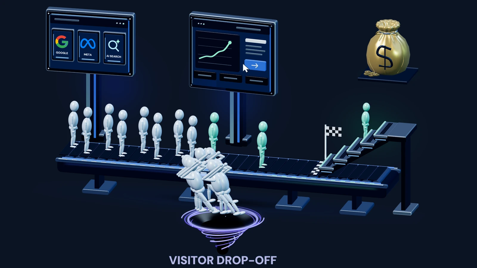 Visitors move from search and social traffic to a website; some drop off while others reach a sale.